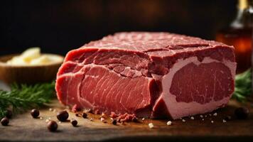 Close-up high-resolution image of raw red meat perfect for barbeque. AI Generated. AI Generative. photo