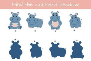 Find correct shadow. Kids educational logic game. Cute funny hippo. Vector illustration isolated on white background.