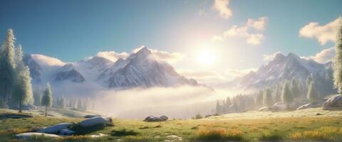 Landscape of a misty valley. AI Generated photo