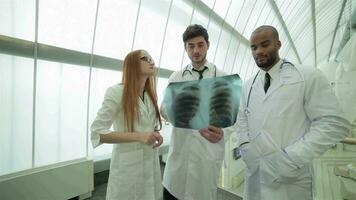 Two confident doctor examining x-ray snapshot of lungs in clinic until the stand video