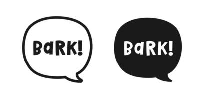 Bark text in a speech bubble balloon outline and silhouette set. Cartoon comics dog sound effect lettering. Simple flat vector illustration.