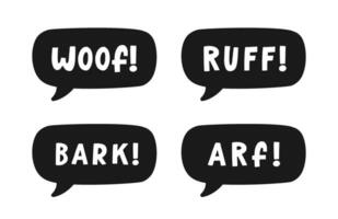 Dog bark animal sound effect text in a speech bubble balloon silhouette clipart set. Cute cartoon onomatopoeia comics and lettering. vector