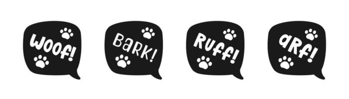 Dog bark animal sound effect text in a speech bubble with paw print icon silhouette clipart set. Cute cartoon onomatopoeia comics and lettering. vector