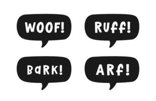 Dog bark animal sound effect text in a speech bubble balloon silhouette clipart set. Cute cartoon onomatopoeia comics and lettering. vector