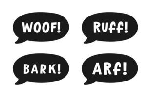 Dog bark animal sound effect text in a speech bubble balloon silhouette clipart set. Cute cartoon onomatopoeia comics and lettering. vector