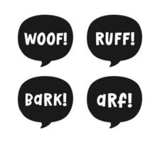 Dog bark animal sound effect text in a speech bubble balloon silhouette clipart set. Cute cartoon onomatopoeia comics and lettering. vector