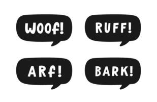 Dog bark animal sound effect text in a speech bubble balloon silhouette clipart set. Cute cartoon onomatopoeia comics and lettering. vector