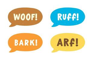 Dog bark animal sound effect text in a speech bubble balloon clipart set. Cute cartoon onomatopoeia comics and lettering. vector