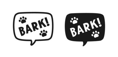 Bark text in a speech bubble balloon outline and silhouette set. Cartoon comics dog sound effect lettering. Simple flat vector illustration.