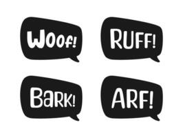 Dog bark animal sound effect text in a speech bubble balloon silhouette clipart set. Cute cartoon onomatopoeia comics and lettering. vector