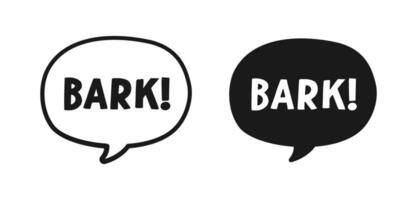 Bark text in a speech bubble balloon outline and silhouette set. Cartoon comics dog sound effect lettering. Simple flat vector illustration.