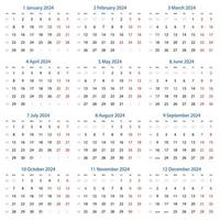 Vector calendar 2024 with the week begins on monday.