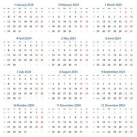 vector calendario 2024 con el semana comienza en lunes.