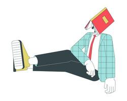 oficina trabajador que cae dormido con libro en cara 2d lineal dibujos animados personaje. Ropa formal caucásico hombre rápido siesta aislado línea vector persona blanco antecedentes. aburrido color plano Mancha ilustración