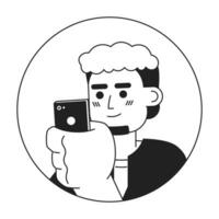 Bearded south asian man looking at phone black and white 2D vector avatar illustration. Holding mobile hipster indian beard outline cartoon character face isolated. Social media user flat portrait