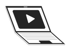 Video player on laptop black and white 2D line cartoon object. Streaming platform notebook isolated vector outline item. Live stream app on portable computer monochromatic flat spot illustration
