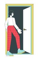 Asian female employee leaving door 2D linear cartoon character. Young adult korean office worker exit isolated line vector person white background. Woman fired layoff color flat spot illustration