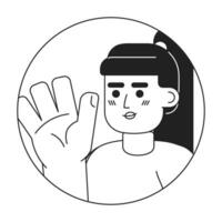 Ponytail asian woman saying hi hello black and white 2D vector avatar illustration. Goodbye happy biracial girl outline cartoon character face isolated. Non verbal acknowledge flat portrait