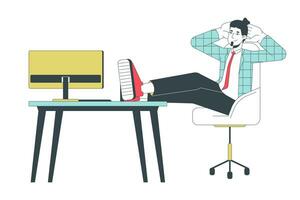 Male office worker sitting with legs on table 2D linear cartoon character. Chilling caucasian man employee isolated line vector person white background. Workplace break color flat spot illustration
