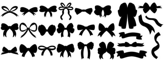 Simple hand drawn ribbon bow collection silhouette. Black color shape. Bowknot for decoration, big set of bowtie vector