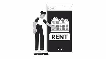 Rental property app bw outline 2D animation. African american woman swipes phone for house 4K video motion graphic. Renting apartment monochrome linear animated cartoon flat concept, white background