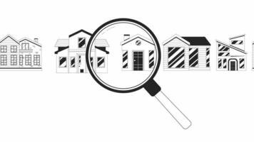 House hunting options choosing bw outline 2D animation. Loupe magnifying glass searching home 4K video motion graphic. Apartment buy monochrome linear animated cartoon flat concept, white background