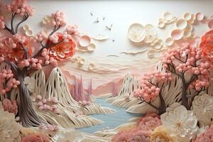 AI generated Landscape in cut paper style. Paper 3D landscape with trees and flowers in pastel colors. Generative AI photo