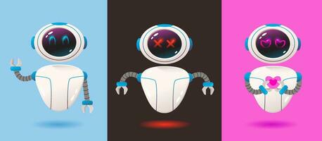 A robot with different emotions. Funny technological online assistant, bot or  helper with artificial intelligence. Cartoon vector set illustration