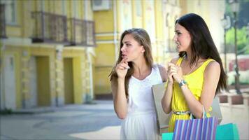 zwei Mädchen Stehen im Vorderseite von ein Vitrine diskutieren Neu Kleid video