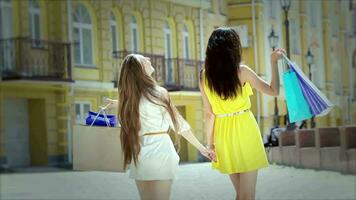 deux les filles Shopaholic avec magnifique svelte jambes en marchant à le magasins video