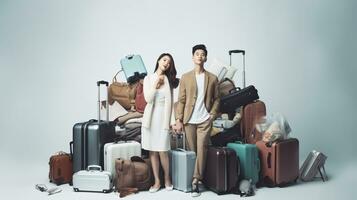 AI generated Traveling promo with model with a lot of bags and suitcases on a clean single color background photo