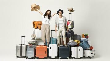 AI generated Traveling promo with model with a lot of bags and suitcases on a clean single color background photo