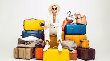 AI generated Traveling promo with model with a lot of bags and suitcases on a clean single color background photo