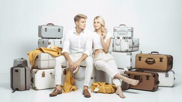 AI generated Traveling promo with model with a lot of bags and suitcases on a clean single color background photo