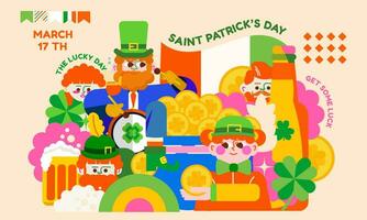 Bright modern illustration for St. Patrick's Day. A jolly gnome, leprechauns, shamrocks, beer, lots of shiny gold in a pot. Get into the holiday spirit with green and Irish colors. vector