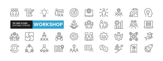 Set of 36 Business Workshop line icons set. Workshop outline icons with editable stroke collection. Includes Presentation, Managing, Innovation, Goal, Meeting, and More. vector