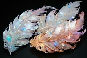 AI generated Mother-of-pearl feathers decorated with precious stones on a black background. Generated by artificial intelligence photo