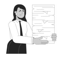 Demanding boss delegating more tasks black and white 2D line cartoon character. Annoyed indian female manager isolated vector outline person. Holding papers pile monochromatic flat spot illustration