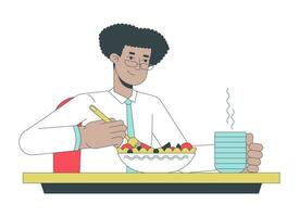 Hispano blanco collar trabajador comiendo ensalada 2d lineal dibujos animados personaje. los anteojos latino hombre trabajo almuerzo aislado línea vector persona blanco antecedentes. vegetariano empleado color plano Mancha ilustración