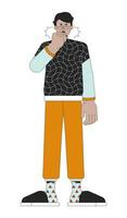 Cough cold symptom line cartoon flat illustration. Arab adult man coughing into fist 2D lineart character isolated on white background. Lungs discomfort. Infection pandemic scene vector color image