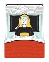 Sick flu patient in bed line cartoon flat illustration. Lying down caucasian woman keeping thermometer in mouth 2D lineart character isolated on white background. Fever suffer scene vector color image