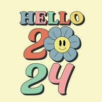 Hello 2024 retro groovy typography with daisy flower on beige background. Pink vintage 70s greeting card, sticker, banner. Happy New Year. Vector illustrator