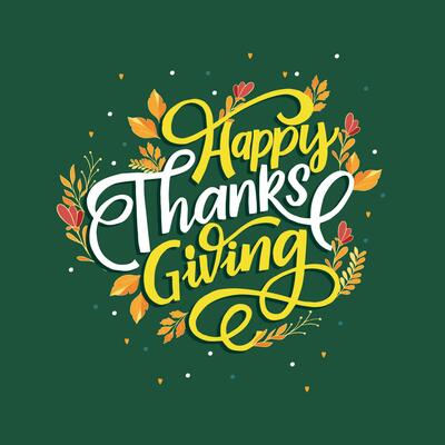 Happy thanksgiving card with modern brush calligraphy and decorative wreath. Vector illustration