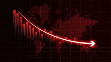 Declining stock market investment illustration, bankrupt financial information concept with arrows pointing down. Loss business statistics in red color vector