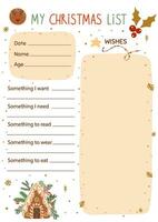 Christmas wishes list template decorated tasty gingerbread cookies, house. Vector winter holiday gifts planner, notes, schedule, planner, checklist, notebook. Sweet kids Christmas list for Santa.