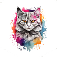 high quality, logo style, Watercolor, powerful colorful cute cat logo facing forward, monochrome background, by ,awesome full color, png