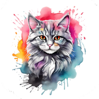 high quality, logo style, Watercolor, powerful colorful cute cat logo facing forward, monochrome background, by ,awesome full color, png