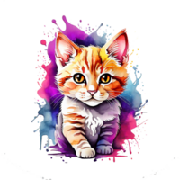 high quality, logo style, Watercolor, powerful colorful cute cat logo facing forward, monochrome background, by ,awesome full color, png