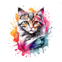 high quality, logo style, Watercolor, powerful colorful cute cat logo facing forward, monochrome background, by ,awesome full color, png