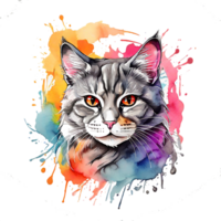 high quality, logo style, Watercolor, powerful colorful cute cat logo facing forward, monochrome background, by ,awesome full color, png